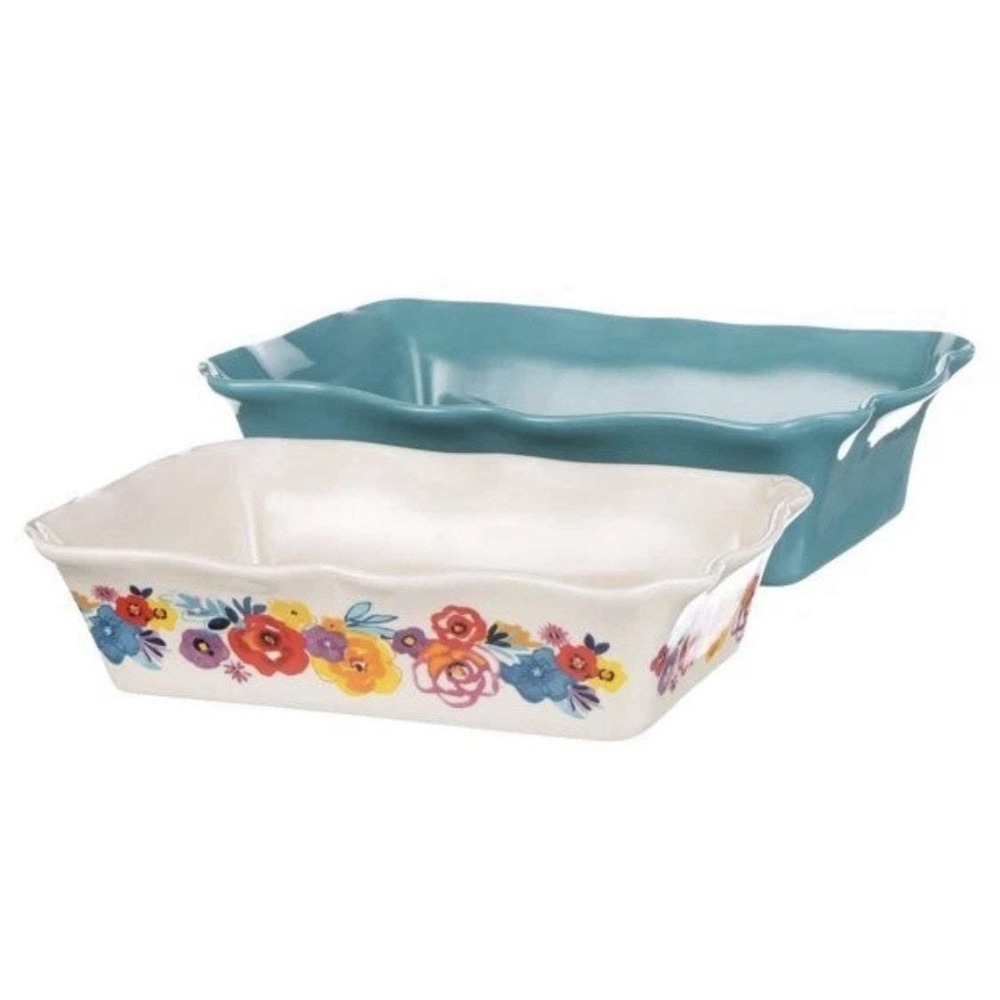 Pioneer Woman Flea Market Ruffle Top Rectangular Floral Ceramic Bakeware Set 2pc